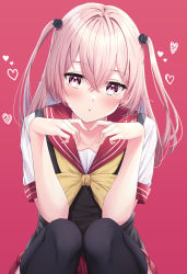 Rule 34 | 1girl, black flower, black rose, black sweater vest, black thighhighs, blush, bow, breasts, collarbone, commentary request, crossed bangs, flower, hair between eyes, hair flower, hair ornament, heart, highres, inui sajuna, long hair, looking at viewer, open mouth, pink background, pink hair, pleated skirt, primamiya, purple eyes, red sailor collar, red skirt, rose, sailor collar, school uniform, shirt, simple background, skirt, small breasts, solo, sono bisque doll wa koi wo suru, sweater vest, thighhighs, two side up, white shirt, yellow bow