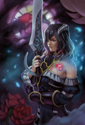 Rule 34 | 1girl, bloodstained: ritual of the night, breasts, cleavage, flower, gradient background, holding, lips, long hair, miriam (bloodstained), petals, phamoz, rose, sidelocks, solo, stained glass, sword, tattoo, weapon