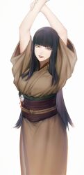 Rule 34 | 1girl, arms up, black hair, blunt bangs, brown kimono, cowboy shot, final fantasy, final fantasy xiv, green eyes, hand on own arm, highres, hyur, japanese clothes, kimono, long hair, looking at viewer, mole, mole under mouth, non-web source, obi, obijime, parted lips, red lips, sash, simple background, smile, solo, standing, straight hair, white background, yotsuyu goe brutus, zhaoyang2002