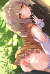 Rule 34 | 1boy, 1girl, animare, ass, blush, brown hair, detached sleeves, erection, flower, hair flower, hair ornament, hairclip, hetero, highres, imminent penetration, inaba haneru (animare), looking at viewer, nanashi inc., outdoors, penis, penis on ass, pov, shirai momota, shirt, skirt, sleeveless, sleeveless shirt, solo focus, twintails, virtual youtuber, yellow eyes