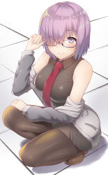 Rule 34 | 1girl, black-framed eyewear, black pantyhose, black shirt, black skirt, breasts, clothes pull, collared shirt, commentary request, eyes visible through hair, fate/grand order, fate (series), full body, glasses, hair over one eye, highres, jacket, jacket pull, large breasts, looking at viewer, mash kyrielight, miniskirt, pantyhose, purple eyes, purple hair, shirt, short hair, skirt, sleeveless, sleeveless shirt, smile, solo, tile floor, tiles, urigarasu