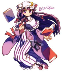 Rule 34 | 1girl, book, bow, capelet, closed mouth, commentary, crescent, crescent pin, dress, full body, hair bow, hat, hat ribbon, highres, holding, holding book, long hair, looking at viewer, mob cap, patchouli knowledge, purple eyes, purple footwear, purple hair, renshirenji, ribbon, simple background, solo, striped clothes, striped dress, touhou, twitter username, vertical-striped clothes, vertical-striped dress, white background, white capelet, white hat