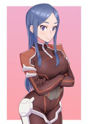 Rule 34 | 1girl, arms under breasts, blue hair, bodysuit, breasts, chobi kuma, crossed arms, elbow gloves, gloves, hannah melville, highres, large breasts, looking at viewer, purple eyes, skin tight, zoids, zoids wild, zoids wild zero