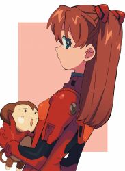 Rule 34 | 1girl, 4zw89qkqagggcf7, blue eyes, bodysuit, breasts, brown hair, hair between eyes, highres, interface headset, long hair, looking at viewer, looking back, neon genesis evangelion, pilot suit, plugsuit, red bodysuit, red headwear, shiny clothes, simple background, small breasts, solo, souryuu asuka langley, stuffed animal, stuffed toy, twintails, two side up, very long hair