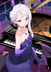 Rule 34 | 1girl, absurdres, bare shoulders, blue archive, breasts, collarbone, commentary request, demon horns, demon wings, dress, earrings, elbow gloves, feet out of frame, frilled dress, frills, from above, from side, gloves, grand piano, hair bun, halo, hand up, highres, hina (blue archive), hina (dress) (blue archive), horns, indoors, instrument, jewelry, long hair, looking at viewer, looking to the side, multiple horns, necklace, parted lips, piano, purple dress, purple eyes, purple gloves, purple halo, rkgk ojisan, small breasts, solo, strapless, strapless dress, white hair, window, wings