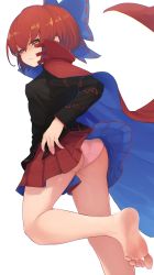 Rule 34 | 1girl, absurdres, barefoot, black shirt, blue bow, blush, bow, cloak, closed mouth, commission, feet, hair between eyes, hair bow, highres, long sleeves, panties, pixiv commission, pleated skirt, red cloak, red eyes, red hair, red skirt, sekibanki, senzaicha kasukadoki, shirt, short hair, simple background, skirt, soles, solo, toes, touhou, underwear, white background, white panties