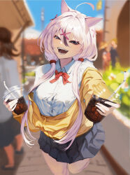 Rule 34 | 1girl, 2girls, animal ears, blue sky, blurry, blurry background, bow, brown eyes, cat ears, cat girl, city, collared shirt, commission, cup, day, disposable cup, drinking straw, ginyuiti, grey skirt, hair ornament, highres, holding, holding cup, jacket, long hair, looking at viewer, multiple girls, open mouth, original, outdoors, pink hair, pleated skirt, red bow, shirt, skeb commission, skirt, sky, solo, solo focus, standing, standing on one leg, twintails, x hair ornament, yellow jacket