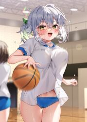 Rule 34 | 2girls, ball, basketball, basketball (object), bouncing breasts, breasts, buruma, cameltoe, chihiro (khorosho), cleft of venus, large breasts, looking at viewer, multiple girls, navel, open mouth, original, ponytail, short hair, smile, solo focus, white hair