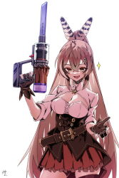 Rule 34 | 1girl, ahoge, belt, breasts, brown corset, brown eyes, brown hair, cleavage cutout, clothing cutout, corset, english text, feather hair ornament, feathers, gloves, hair ornament, hairclip, highres, holding, holding weapon, hololive, hololive english, long hair, looking at viewer, medium breasts, multicolored hair, nanashi mumei, outstretched hand, partially fingerless gloves, pleated skirt, ponytail, red skirt, shirt, skirt, streaked hair, taka t, vacuum cleaner, very long hair, virtual youtuber, weapon, weapon request, white shirt