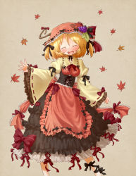 Rule 34 | 1girl, aki minoriko, alternate hairstyle, apron, arinu, autumn leaves, blonde hair, bow, corset, embellished costume, closed eyes, food, fruit, grapes, grey background, hair bow, hair bun, hat, hat bow, highres, juliet sleeves, long sleeves, open mouth, puffy sleeves, shirt, skirt, smile, solo, too many, touhou, twintails, waist apron, wide sleeves