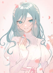 Rule 34 | 1girl, blue eyes, blue hair, buttons, double-breasted, dress, earrings, eyes visible through hair, fingernails, floating hair, gradient background, hands up, hatori naco, high collar, highres, hinomori shizuku, hodokareta ito no sono saki ni (project sekai), jewelry, juliet sleeves, lace-trimmed collar, lace-trimmed sleeves, lace trim, light blue hair, light smile, lips, long hair, long sleeves, mole, mole under mouth, pale color, parted lips, pastel colors, patterned clothing, pearl earrings, petals, pink background, project sekai, puffy sleeves, simple background, solo, swept bangs, tsurime, upper body, wavy hair, white background, white dress