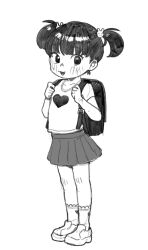 Rule 34 | 1girl, backpack, bag, child, full body, greyscale, highres, monochrome, open mouth, opossumachine, original, randoseru, shirt, shoes, simple background, sketch, solo, twintails