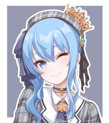 Rule 34 | 1girl, beret, blue background, blue eyes, blue hair, blue necktie, choker, closed mouth, collar, crown, disco brando, earrings, grey hat, hair between eyes, hat, hololive, hoshimachi suisei, hoshimachi suisei (1st costume), jewelry, looking at viewer, medium hair, necktie, one eye closed, signature, simple background, smile, solo, star (symbol), star earrings, symbol-shaped pupils, virtual youtuber, white collar
