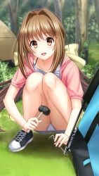 Rule 34 | 1girl, black footwear, bow, brown eyes, brown hair, camping, collarbone, day, doukyuusei another world, floating hair, game cg, grey skirt, hair bow, hammer, holding, holding hammer, hood, hood down, hooded jacket, jacket, kakyuusei 2, long hair, miniskirt, no socks, official art, open clothes, open jacket, outdoors, panties, pantyshot, pink jacket, saimon tamaki, shirt, shoes, short sleeves, skirt, sneakers, solo, squatting, twintails, underwear, very long hair, white panties, white shirt, yellow bow