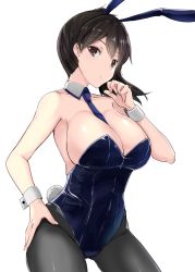 Rule 34 | 1girl, animal ears, between breasts, blue leotard, blue necktie, breasts, brown eyes, brown hair, cleavage, collarbone, cowboy shot, detached collar, fake animal ears, fake tail, gin&#039;ichi (akacia), hand on own hip, kaga (kancolle), kantai collection, large breasts, leotard, looking at viewer, necktie, necktie between breasts, pantyhose, playboy bunny, rabbit ears, rabbit tail, side ponytail, simple background, solo, standing, tail, thighs, white background, wrist cuffs