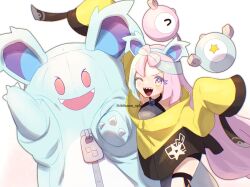 Rule 34 | 1girl, 1other, ;d, arm up, chitozen (pri zen), commentary request, costume, creatures (company), game freak, grey pantyhose, grey shirt, highres, iono (pokemon), jacket, long hair, looking at viewer, multicolored hair, nidothing, nintendo, one eye closed, open mouth, pantyhose, pink eyes, pink hair, pokemon, pokemon (anime), pokemon horizons, pokemon sv, shirt, simple background, single leg pantyhose, sleeveless, sleeveless shirt, sleeves past fingers, sleeves past wrists, smile, star (symbol), star print, teeth, thigh strap, tongue, twitter username, two-tone hair, upper teeth only, watermark, white background, yellow jacket