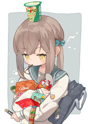 Rule 34 | 1girl, absurdres, animal charm, bag, blue bow, blush, bow, brown hair, candy, charm (object), commentary, cup on head, food, food in mouth, hair bow, highres, holding snack, lollipop, long hair, long sleeves, original, pocky, pocky in mouth, school bag, school uniform, serafuku, shirt, snack, solo, upper body, ure 58n, white shirt, yellow eyes