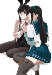 Rule 34 | 2girls, absurdres, alternate costume, animal ears, black hair, black leotard, black pantyhose, blue sailor collar, closed mouth, detached collar, dual persona, fake animal ears, glasses, green eyes, highres, hip vent, kantai collection, lace, lace-trimmed legwear, lace trim, leotard, long hair, long sleeves, multiple girls, necktie, ojipon, ooyodo (kancolle), pantyhose, playboy bunny, puffy short sleeves, puffy sleeves, rabbit ears, red necktie, sailor collar, sailor shirt, school uniform, serafuku, shirt, short sleeves, simple background, smile, strapless, strapless leotard, white background, white shirt, wrist cuffs