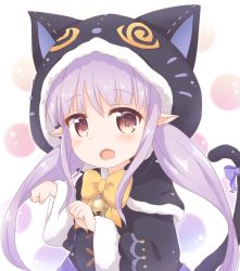 Rule 34 | 1girl, animal ears, animal hood, araki495, bell, black capelet, black jacket, blush, bow, brown eyes, capelet, cat ears, cat girl, cat hood, cat tail, commentary request, fake animal ears, fang, fur-trimmed capelet, fur-trimmed hood, fur trim, highres, hood, hooded capelet, jacket, jingle bell, kyoka (halloween) (princess connect!), kyoka (princess connect!), long hair, long sleeves, looking at viewer, low twintails, open mouth, paw pose, princess connect!, purple bow, purple hair, solo, tail, tail bow, tail ornament, tail raised, twintails, upper body, very long hair, wide sleeves, yellow bow