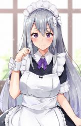 Rule 34 | 1girl, apron, black dress, blurry, blurry background, blush, bow, breasts, closed mouth, collared dress, commentary request, day, depth of field, dress, frilled apron, frills, hair between eyes, hand up, highres, higuchi kaede, indoors, long hair, looking at viewer, maid apron, maid headdress, medium breasts, mole, mole under eye, nijisanji, puffy short sleeves, puffy sleeves, purple bow, purple eyes, racchi., short sleeves, silver hair, solo, very long hair, virtual youtuber, white apron, window, wrist cuffs