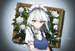 Rule 34 | 1girl, absurdres, bow, braid, breasts, expressionless, floral background, flower, flower request, green bow, grey background, grey hair, hair between eyes, hair bow, highres, izayoi sakuya, looking at viewer, maid headdress, medium breasts, puffy short sleeves, puffy sleeves, red eyes, sample watermark, short hair with long locks, short sleeves, solo, touhou, twin braids, upper body, user hzsd8525, watermark, white flower