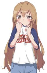 Rule 34 | 1girl, absurdres, aisaka taiga, blue pants, blue sleeves, blush, brown eyes, brown hair, closed mouth, clothes writing, commentary, cowboy shot, female focus, hair between eyes, hands up, highres, long hair, long sleeves, looking at viewer, mooramango, pants, pouty lips, raglan sleeves, romaji text, shirt, simple background, sleeves pushed up, solo, standing, sugoi dekai, tearing up, toradora!, very long hair, white background, white shirt