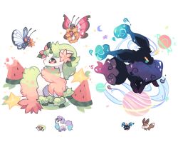 Rule 34 | brown eyes, bug, butterfly, butterfree, charamells, cosmog, creature, creatures (company), eevee, eye contact, flower, flying, food, fruit, full body, fusion, galarian form, galarian ponyta, game freak, gen 1 pokemon, gen 4 pokemon, gen 6 pokemon, gen 7 pokemon, gen 8 pokemon, holding, holding flower, horns, bug, legendary pokemon, looking at another, multiple fusions, mythical pokemon, nintendo, no humans, pokemon, pokemon (creature), red eyes, shaymin, shaymin (land), simple background, single horn, standing, unicorn, vivillon, vivillon (meadow), watermelon, white background, wreath, yellow eyes