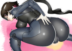 Rule 34 | 1girl, ass, black bodysuit, bodysuit, boots, breasts, brown hair, cameltoe, fart, from behind, gloves, highres, huge ass, large breasts, lips, lipstick, looking at viewer, looking back, makeup, mask, matsuda shin, niijima makoto, parted lips, persona, persona 5, red eyes, shiny clothes, short hair, sideboob, skin tight, solo, squatting, pee