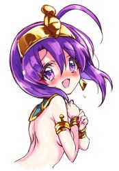 Rule 34 | 1girl, blush, breasts, egyptian clothes, fang, jashin-chan dropkick, looking at viewer, medusa (jashin-chan dropkick), no bra, open mouth, purple eyes, purple hair, short hair, simple background, small breasts, smile, solo, upper body, white background