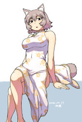 Rule 34 | 1girl, animal ear fluff, animal ears, breasts, china dress, chinese clothes, commentary request, covered navel, dress, fingernails, floral print, grey hair, hair between eyes, invisible chair, large breasts, crossed legs, looking at viewer, original, short hair, side slit, sitting, sleeveless, sleeveless dress, solo, tail, tsukudani-chan (tsukudani), tsukudani (coke-buta), white dress
