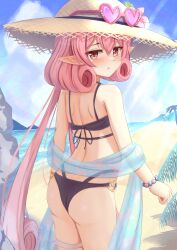 Rule 34 | 1girl, beach, blush, commentary, curly hair, hat, highres, i tamima, long hair, looking at viewer, neneka (princess connect!), neneka (summer) (princess connect!), outdoors, pink eyes, pink hair, princess connect!, solo, sun hat, sunglasses, swimsuit, very long hair