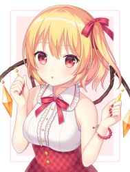 Rule 34 | 1girl, :o, alternate costume, bangle, bare arms, bare shoulders, blonde hair, bracelet, breasts, center frills, commentary request, crystal, flandre scarlet, frilled shirt collar, frills, hair ribbon, hands up, high-waist skirt, highres, jewelry, looking at viewer, medium breasts, nail polish, neck ribbon, no headwear, one side up, parted lips, pink background, plaid, plaid skirt, red eyes, red nails, red ribbon, red skirt, ribbon, shirt, short hair, skirt, sleeveless, sleeveless shirt, solo, touhou, two-tone background, unmoving pattern, white background, white shirt, wings, yamayu