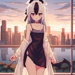 Rule 34 | 1girl, black dress, black hair, black horns, black wings, blue archive, blush, breasts, cleavage, closed mouth, cowboy shot, demon horns, demon wings, dress, grey halo, hair between eyes, halo, highres, horns, jacket, kayoko (blue archive), kayoko (dress) (blue archive), long hair, long sleeves, looking at viewer, multicolored hair, official alternate costume, open clothes, open jacket, pixel art, red eyes, single wing, small breasts, solo, tinia etru, white hair, white jacket, wings