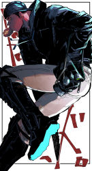 1boy, ass, bara, black hair, black jacket, boots, character request, check character, dorohedoro, eating, foot out of frame, from side, highres, jacket, knee boots, kokusoji, long sideburns, looking to the side, male focus, muscular, muscular male, pants, profile, risu (dorohedoro), short hair, sideburns, solo, thighs, tight, tight pants, white pants, zipper
