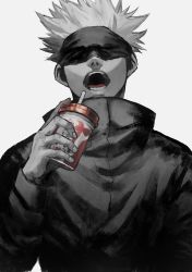 Rule 34 | 1boy, blindfold, covered eyes, cup, drinking straw, facing viewer, gojou satoru, hand up, high collar, highres, holding, holding cup, jacket, jujutsu kaisen, kuwoniagyu11112, long sleeves, male focus, open mouth, partially colored, short hair, simple background, solo, teeth, upper body
