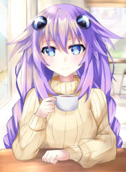 Rule 34 | 1girl, alternate costume, arm rest, beige sweater, bimmy, blue eyes, blush, braid, clenched hand, closed mouth, commentary, cup, d-pad, d-pad hair ornament, english commentary, hair between eyes, hair flaps, hair ornament, highres, holding, holding cup, indoors, long hair, long sleeves, looking at viewer, neptune (series), power symbol, power symbol-shaped pupils, purple hair, purple heart (neptunia), ribbed sweater, sitting, smile, solo, sweater, symbol-shaped pupils, table, turtleneck, turtleneck sweater, twin braids, window