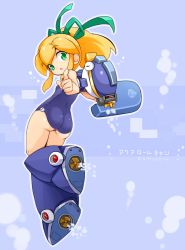 Rule 34 | 1girl, arm cannon, ass, blonde hair, blue footwear, blue one-piece swimsuit, boots, commentary request, from behind, full body, green eyes, highres, karukan (monjya), knee boots, long hair, looking back, mega man (classic), mega man (series), one-piece swimsuit, pointy ears, ponytail, propeller, ribbon, roll (mega man), school swimsuit, solo, swimsuit, weapon