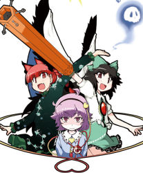 Rule 34 | 3girls, animal ears, arm cannon, black hair, blush, bow, braid, cat ears, cat girl, dress, extra ears, fang, female focus, ghost, golden pe done, hair bow, hairband, heart, kaenbyou rin, komeiji satori, looking at viewer, multiple girls, outstretched arms, purple hair, red eyes, red hair, reiuji utsuho, skirt, skull, smile, spread arms, third eye, touhou, twin braids, weapon