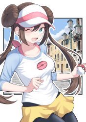 Rule 34 | 1girl, ;d, absurdres, black pantyhose, blue eyes, breasts, brown hair, commentary request, creatures (company), day, double bun, doughnut hair bun, game freak, hair bun, hat, highres, holding, holding poke ball, long hair, medium breasts, nintendo, one eye closed, open mouth, outdoors, outline, pantyhose, pantyhose under shorts, poke ball, poke ball (basic), pokemon, pokemon bw2, raglan sleeves, rosa (pokemon), short shorts, shorts, sky, smile, solo, tongue, twintails, visor cap, white hat, yellow shorts, yuu (vy6wh7hqrrxdxx7)