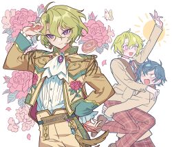Rule 34 | 2boys, :d, absurdres, angry, arm up, ascot, blue hair, brown jacket, brown pants, bug, butterfly, carrying, carrying person, closed mouth, collared shirt, cowboy shot, doughnut, ensemble stars!, eve (ensemble stars!), fang, floral print, flower, food, gold trim, green hair, hair between eyes, hand on own hip, highres, idol clothes, insect, jacket, long sleeves, looking at another, looking at viewer, male focus, meremero, multiple boys, multiple views, open mouth, pants, pink flower, pink rose, plaid, plaid pants, purple eyes, red pants, reimei school uniform, rose, sazanami jun, school uniform, shirt, short hair, smile, standing, sun, tomoe hiyori, wavy hair, white ascot, white background, white shirt, yellow eyes