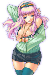 Rule 34 | 00s, 1girl, blue eyes, breasts, cleavage, clothes pull, fura, hairband, jewelry, large breasts, long hair, macross, macross frontier, necklace, niimori hiroshi, pink hair, sheryl nome, shirt pull, shorts, smile, solo, sunglasses, sunglasses on head, thighhighs, zettai ryouiki