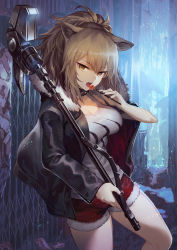 Rule 34 | 1girl, absurdres, animal ears, arknights, bad id, bad twitter id, black jacket, black nails, breasts, brown eyes, brown hair, candy, choker, cleavage, collarbone, commentary request, food, fur trim, hair between eyes, highres, holding, holding weapon, jacket, large breasts, lion ears, lollipop, long hair, long sleeves, looking at viewer, nail polish, nakamura eight, outdoors, photoshop (medium), ponytail, revision, shorts, siege (arknights), solo, tank top, weapon