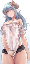 Rule 34 | 1girl, absurdres, animal ears, asahi kotone, bell, blue hair, blush, bow, braid, breasts, brown bow, cleavage, closed mouth, collarbone, copyright request, curled horns, frilled shirt, frills, gluteal fold, gradient background, green eyes, grey background, hair bell, hair bow, hair ornament, half-closed eyes, highres, horns, kana616, large breasts, long hair, looking at viewer, off-shoulder shirt, off shoulder, sheep ears, sheep girl, sheep horns, shirt, simple background, smile, solo, thigh gap, very long hair, virtual youtuber, white background, white shirt