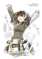 Rule 34 | 1girl, ;d, arknights, arms up, breasts, brown hair, character name, cropped torso, deel (rkeg), drone, grey sweater, highres, long sleeves, looking up, magallan (arknights), magallan (elite ii) (arknights), medium breasts, one-hour drawing challenge, one eye closed, open mouth, rhine lab logo, ribbed sweater, short hair, simple background, smile, solo, sweater, turtleneck, turtleneck sweater, white background, yellow eyes