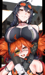 2girls absurdres ahoge bare_shoulders black_choker black_hair breast_rest breasts breasts_on_head bright_pupils choker cleavage collarbone eyepatch goggles goggles_on_head grace_howard hair_between_eyes highres indoor_gorilla koleda_belobog large_breasts long_hair looking_at_viewer medium_hair multiple_girls open_mouth red_eyes red_hair teeth white_pupils zenless_zone_zero