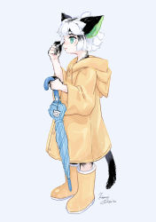 Rule 34 | 1boy, absurdres, animal ears, aqua eyes, black tail, blue umbrella, boots, cat ears, cat tail, green eyes, hand up, highres, holding, holding umbrella, hood, hood down, jacket, kisumi rei, luo xiaohei, luo xiaohei (human), luo xiaohei zhanji, male focus, profile, rubber boots, shadow, short hair, signature, simple background, solo, tail, umbrella, white background, white hair, yellow footwear, yellow jacket