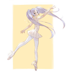 Rule 34 | 1girl, alternate costume, arm up, ballerina, ballet, ballet dress, ballet slippers, bare arms, bare shoulders, bow, breasts, dancing, dress, earrings, elf, en pointe, floating hair, footwear bow, frieren, from side, full body, green eyes, grey hair, halter dress, halterneck, jewelry, long hair, looking at viewer, looking to the side, motion blur, oto1 030, pantyhose, plantar flexion, pointy ears, sleeveless, sleeveless dress, small breasts, solo, sousou no frieren, sparkle, standing, standing on one leg, twintails, very long hair, white footwear, white pantyhose, yellow background