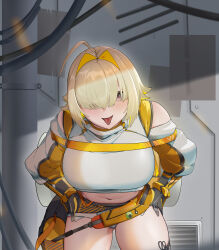 Rule 34 | 1girl, absurdres, ahoge, bare shoulders, blonde hair, breasts, brown eyes, commentary request, elegg (nikke), exposed pocket, fang, gloves, goddess of victory: nikke, grey background, grey shorts, hair intakes, hair over eyes, highres, large breasts, leaning forward, long bangs, long sleeves, looking at viewer, lplok (ljh80692428), medium hair, multicolored hair, navel, open mouth, shorts, sidelighting, solo, suspender shorts, suspenders, thick thighs, thighs, tongue, tongue out, two-tone hair, yellow gloves