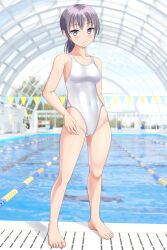 Rule 34 | 1girl, absurdres, barefoot, breasts, commentary request, competition swimsuit, covered navel, feet, grey eyes, grey hair, hand on own hip, highleg, highleg swimsuit, highres, indoors, lane line, legs, looking at viewer, low ponytail, medium breasts, medium hair, one-piece swimsuit, original, pool, solo, standing, string of flags, swimsuit, takafumi, toenails, toes, white one-piece swimsuit