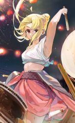 Rule 34 | 1girl, armpits, blonde hair, blurry, bocchi the rock!, breasts, closed mouth, clothes around waist, commentary request, cowboy shot, depth of field, drum, drum set, drumsticks, floating hair, funi mu9, highres, ijichi nijika, instrument, jacket, jacket around waist, lantern, long hair, looking at viewer, looking back, medium breasts, midriff, music, night, night sky, pink jacket, playing instrument, ponytail, red eyes, shirt, side ponytail, sidelocks, sky, smile, solo, sweat, tied shirt, white shirt